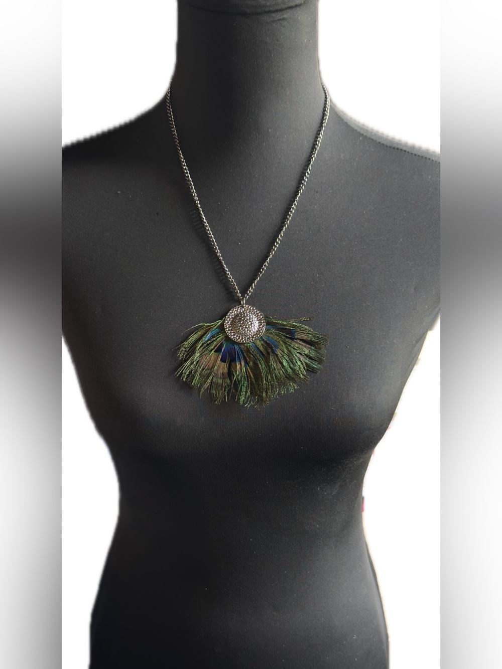 12” adjustable Peacock Feather Statement Pendant Necklace - Green